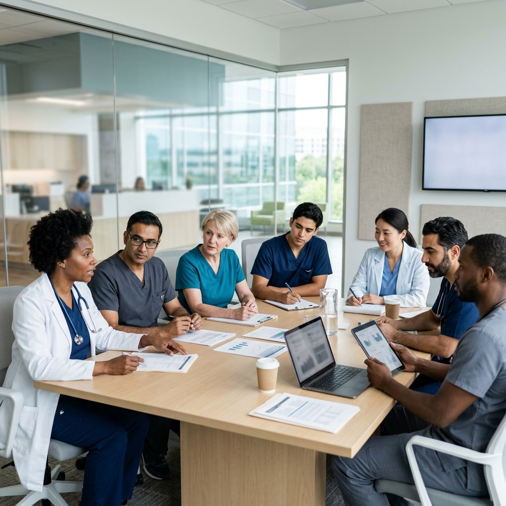 Clinical team collaborating around a telehealth workstation inside a municipal medical clinic