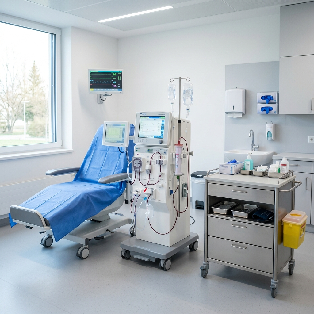 Modern dialysis equipment and medical cart in partner facility clinic