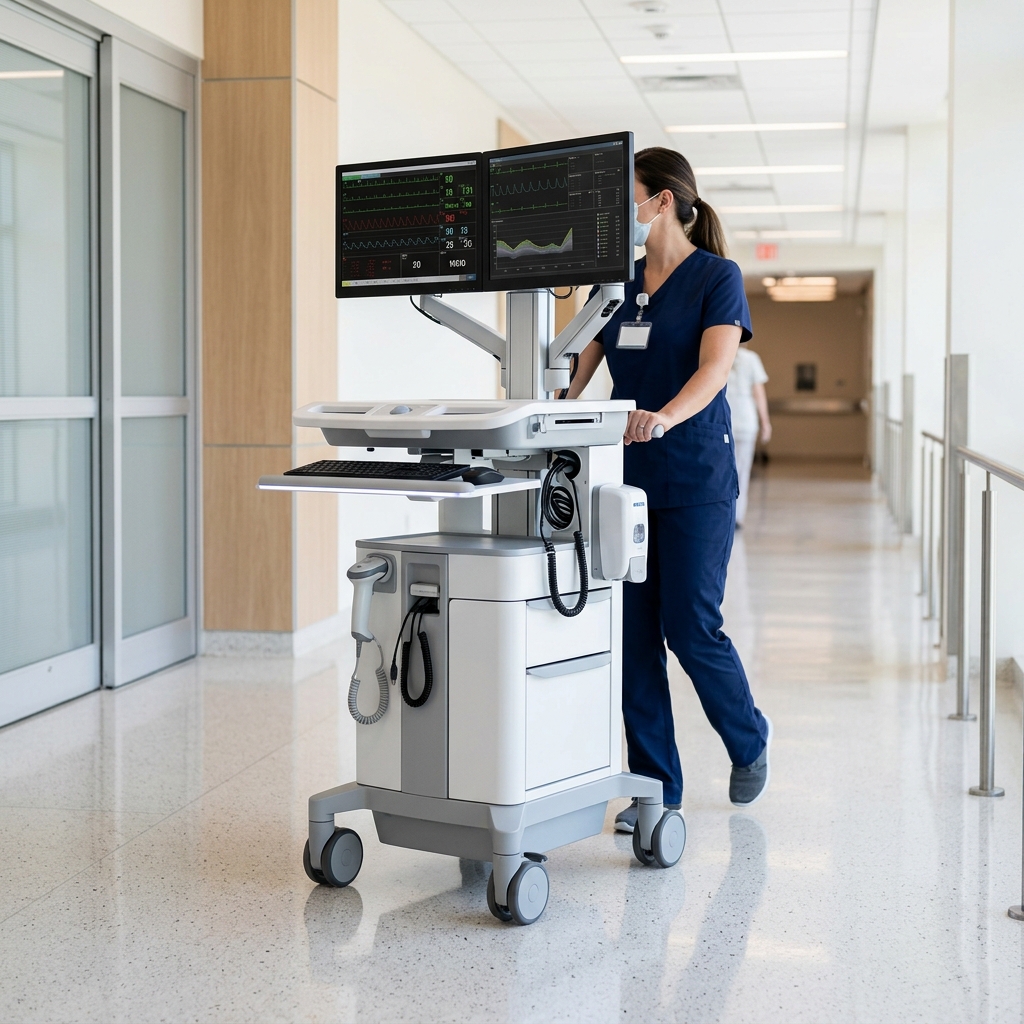 Medical-grade clinical consultation cart with dual screens and integrated diagnostic equipment